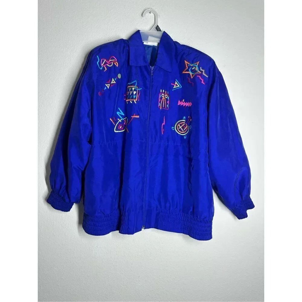 SAINT GERMAIN STRICTKLY SILK FULL ZIP EMBROIDERED WINDBREAKER JACKET Sz L *Notes